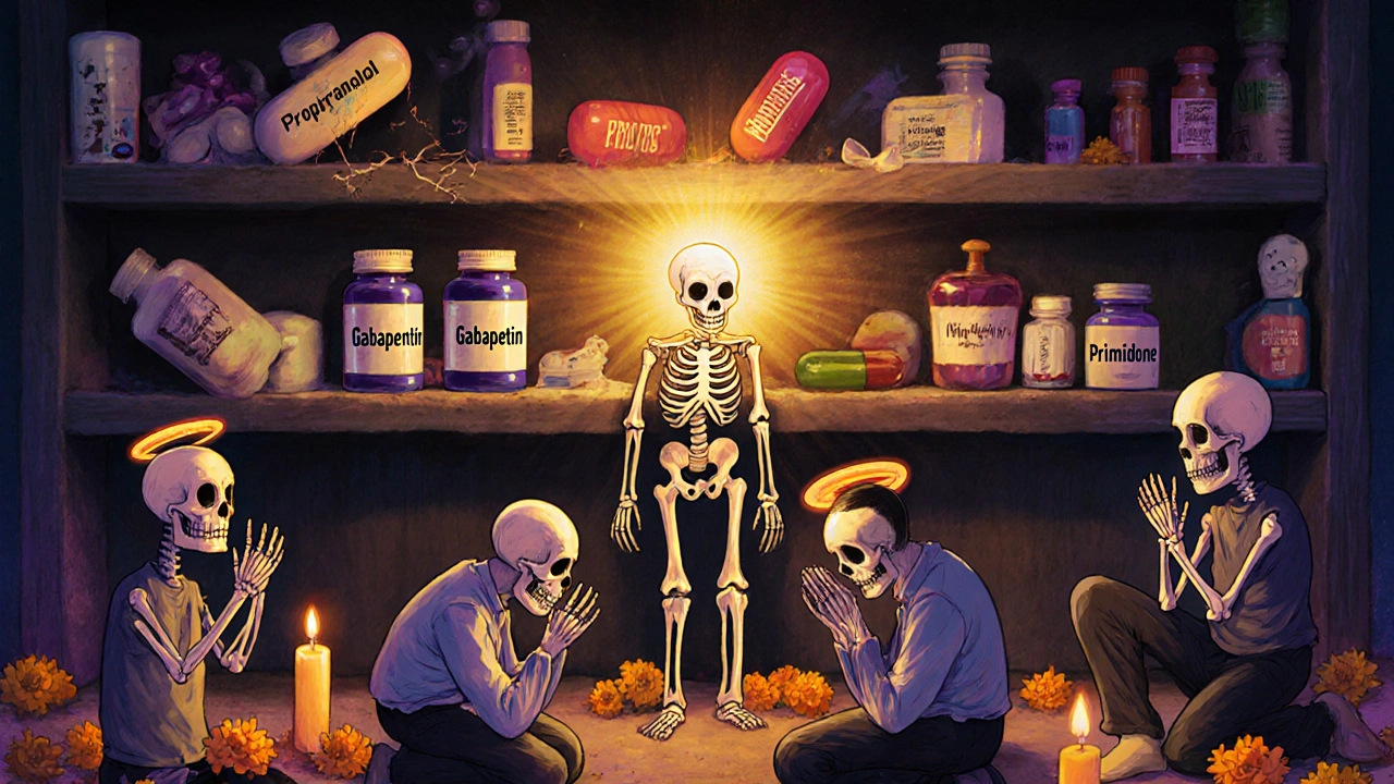 A pharmacy shelf with skeletal pills, where primidone stands strong while others fail, surrounded by grateful patients in Day of the Dead style.