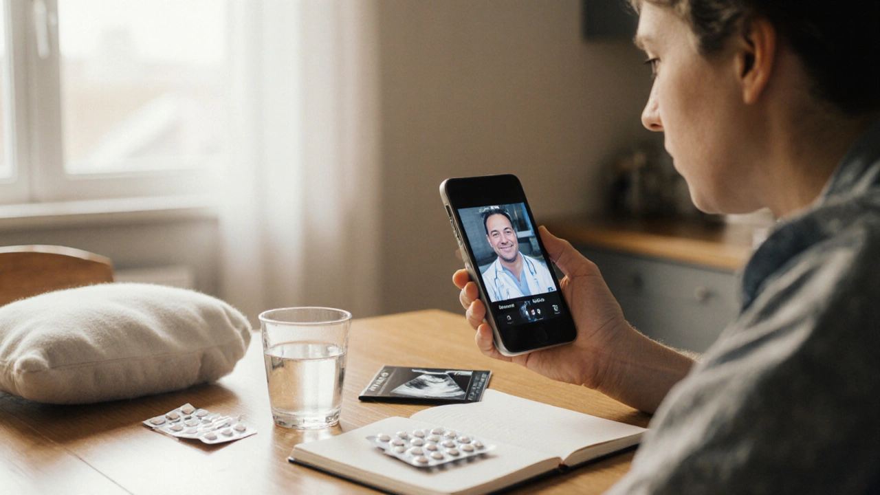 Adult at kitchen table during video call, surrounded by medication packs and symbols of side effects.