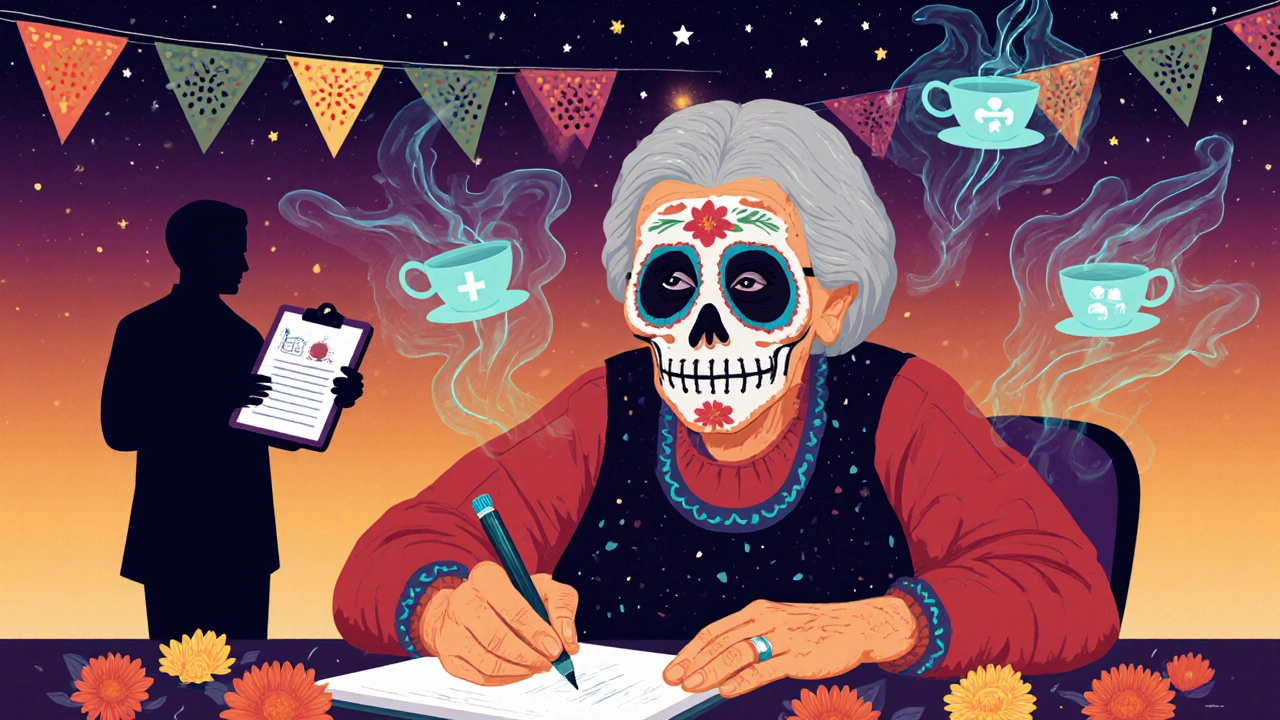 An elderly woman with a sugar skull face writing steadily as tremor spirits dissolve into marigold petals under a starry night.