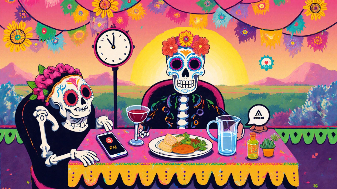 Calavera at table with one drink, food, water, clock, and supportive friend for safe drinking.