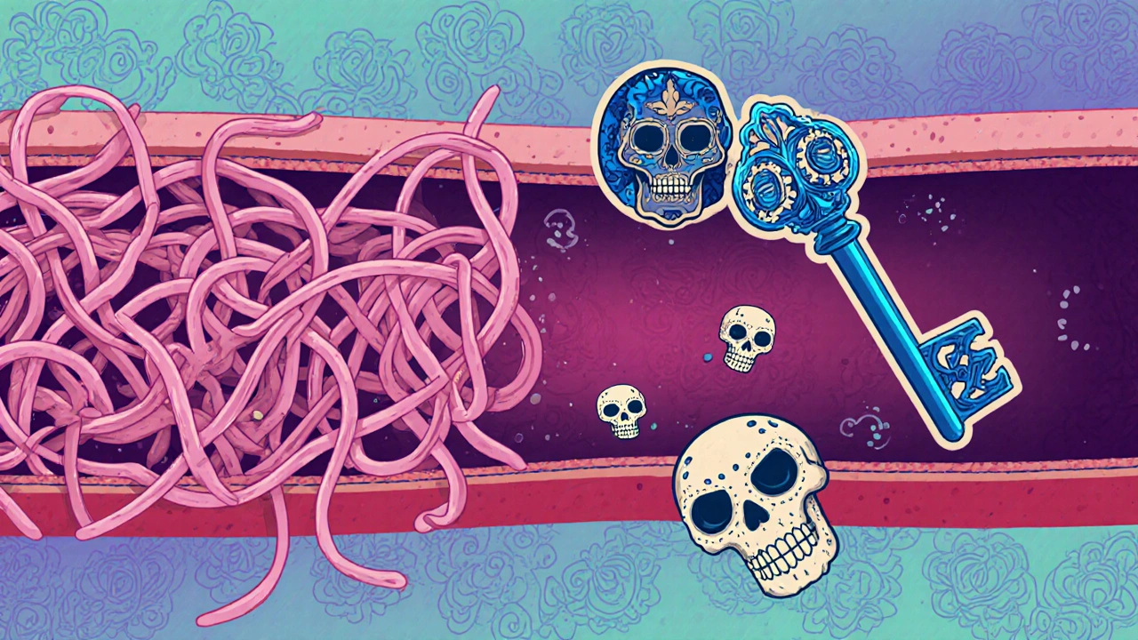 Cartoon illustration of TXA blocking clot‑dissolving enzymes with festive skeletal designs.