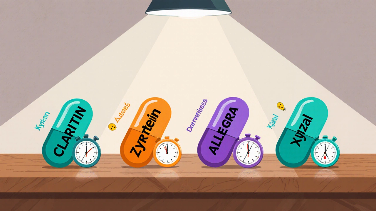 Cartoon lab table with four colored pills labeled Claritin, Zyrtec, Allegra, Xyzal and icons for speed, drowsiness, price.
