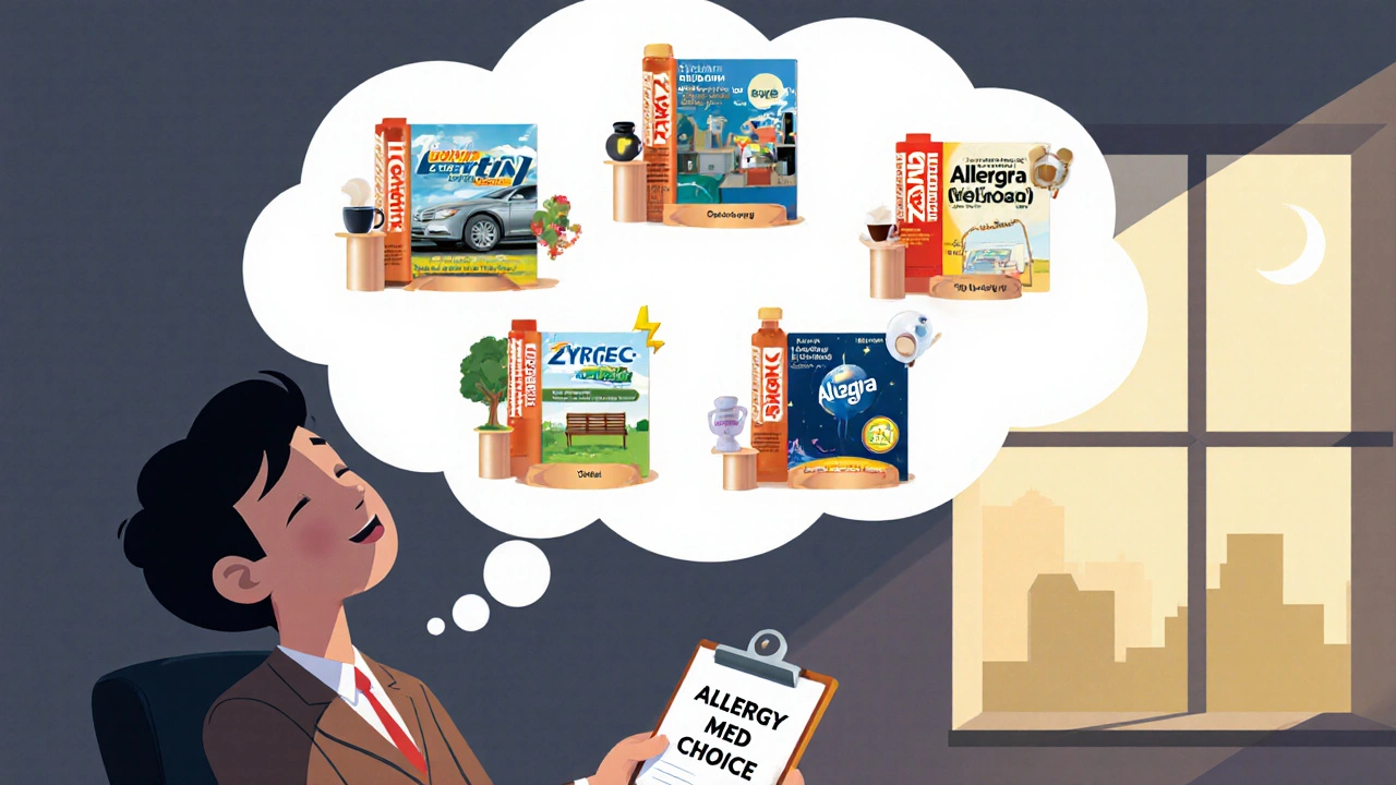 Cartoon office worker choosing among four allergy pills with thought bubbles showing daily scenarios.