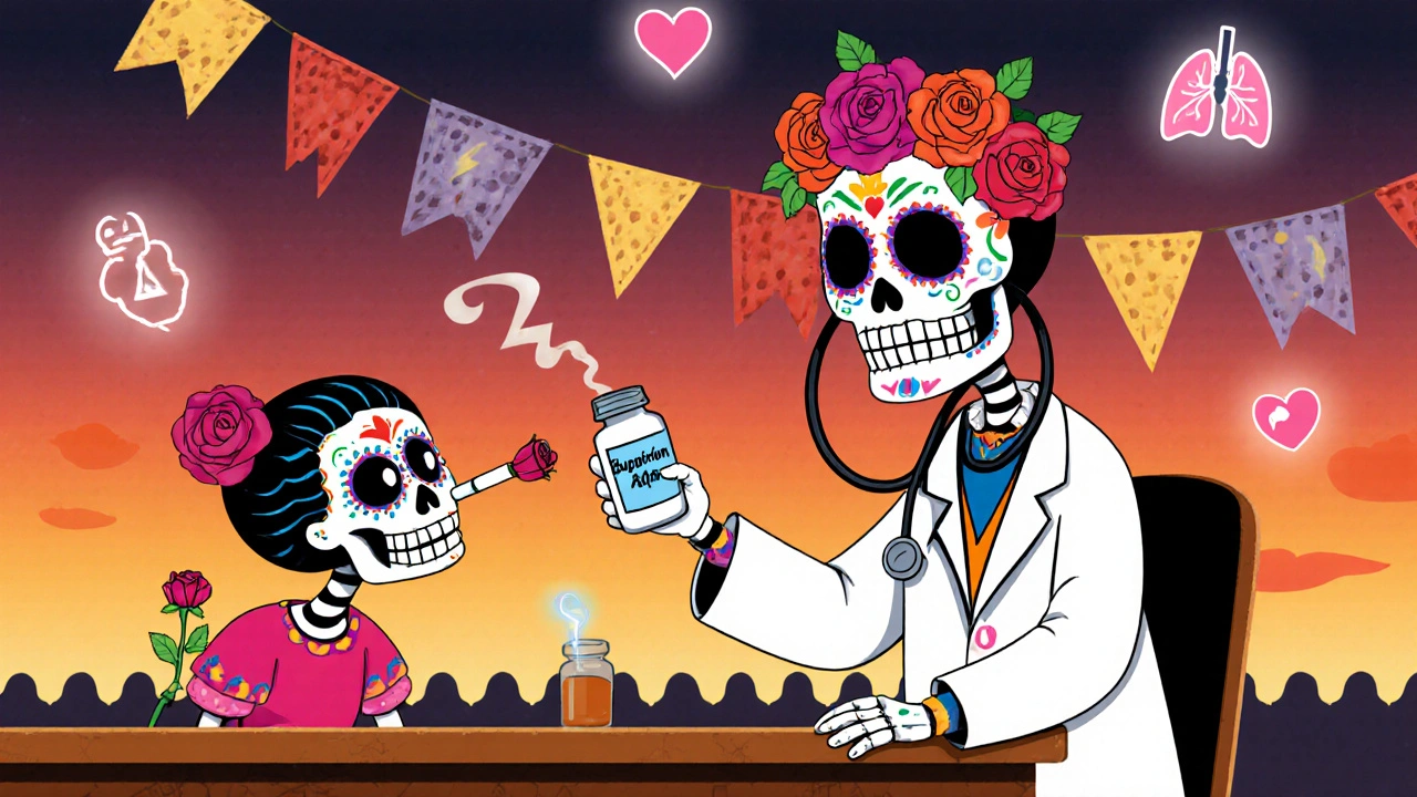 Cartoon skull doctor prescribing bupropion to a patient with smoking cessation symbols.