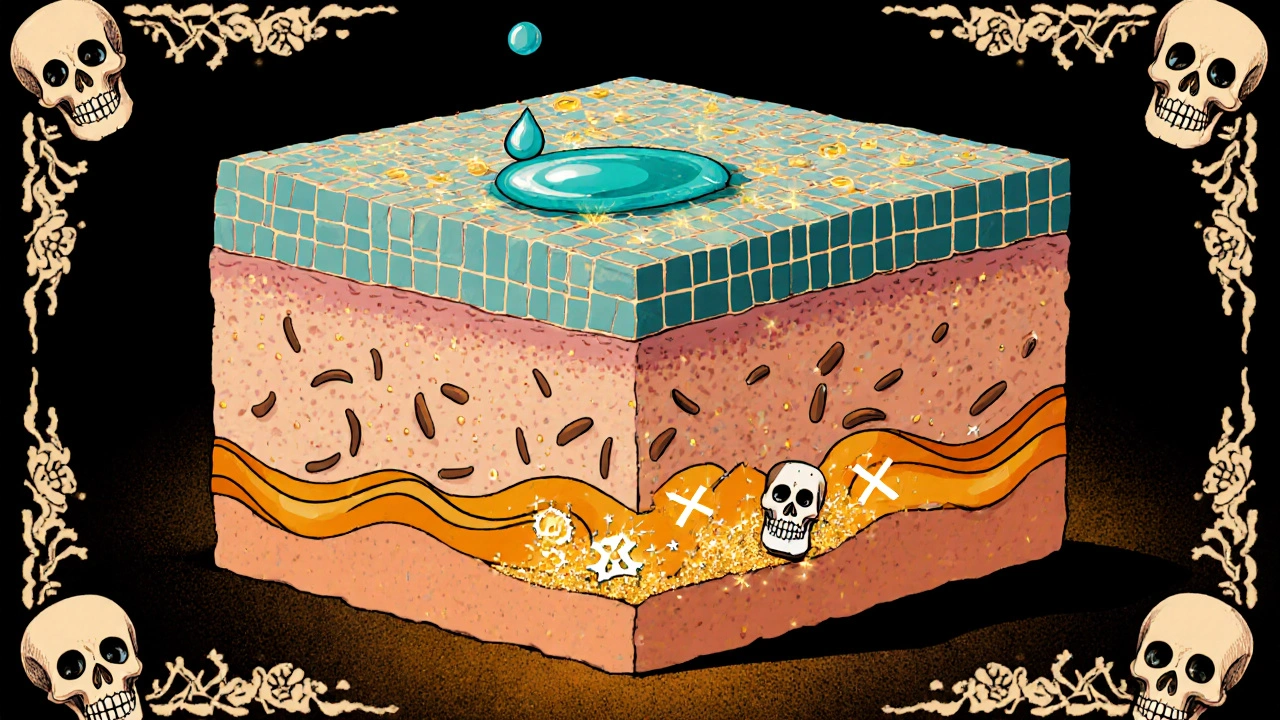 Cross‑section shows meloxicam gel penetrating skin layers to reach joint enzymes.