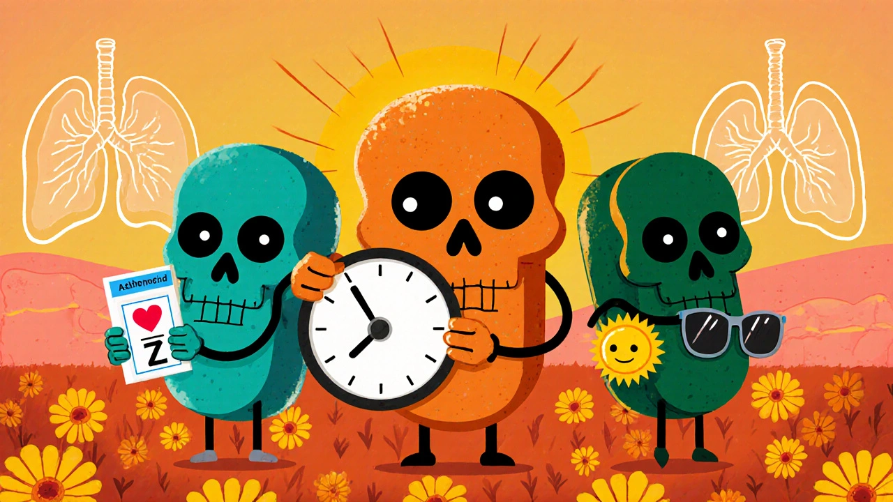Day of the Dead pill characters for Roxithromycin, Azithromycin, Doxycycline showing dosing and side‑effect icons.