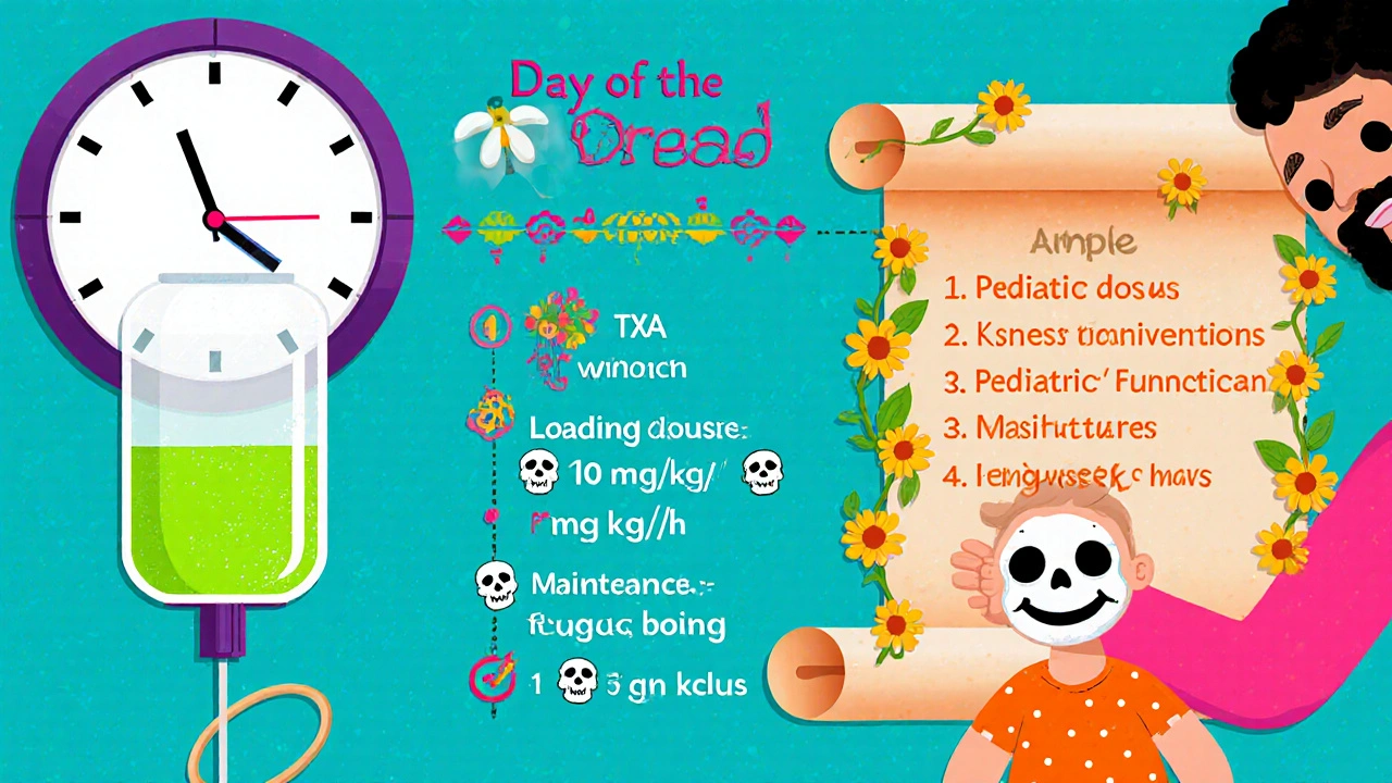 Day of the Dead style chart showing TXA dosing schedule, safety checks, and pediatric use.