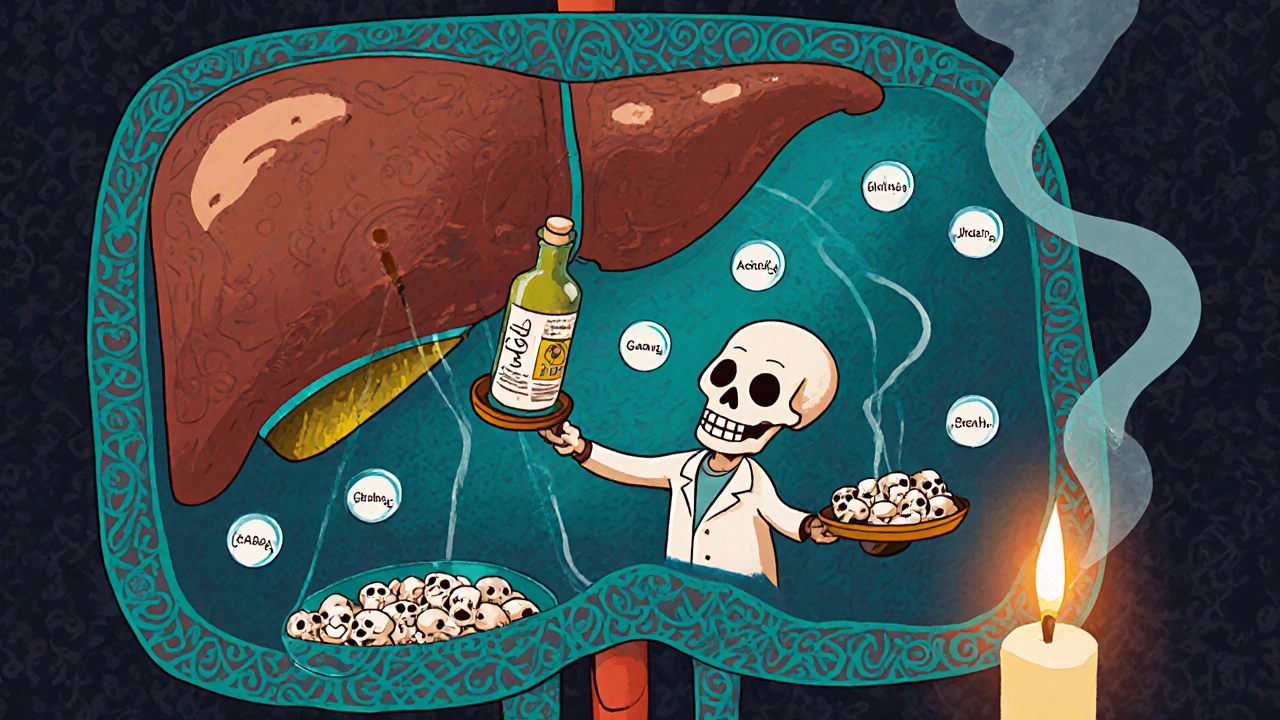 Day of the Dead themed liver lab with skull pharmacist balancing alcohol bottle and AED pills.