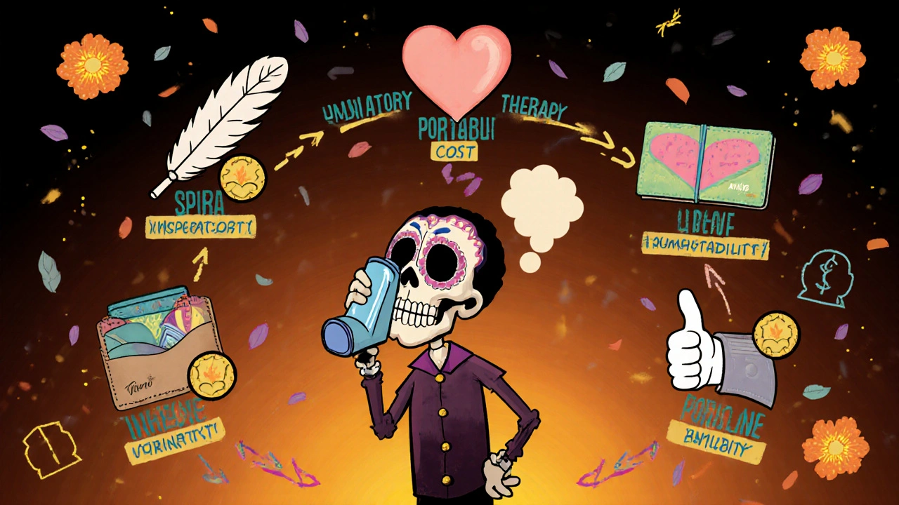 Decision‑flow cartoon showing a skull patient choosing inhalers based on effort, cost, and therapy.