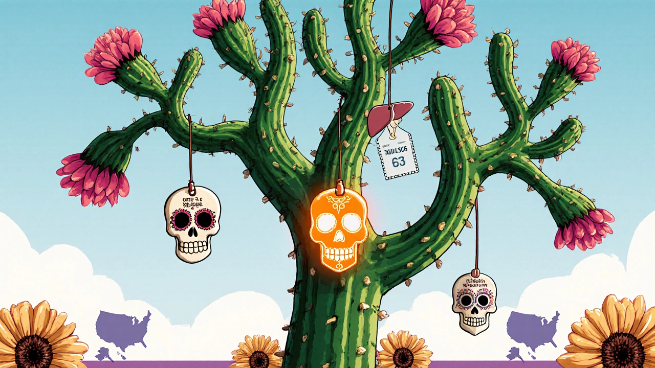 Decorative Day of the Dead decision‑tree with sugar‑skull markers guiding to a central Roxithromycin pill.