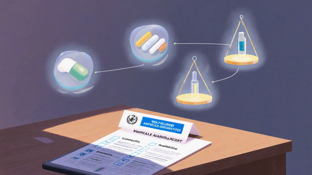 Doctor&#039;s desk with checklist and floating drug icons balanced on scales representing efficacy vs cost.