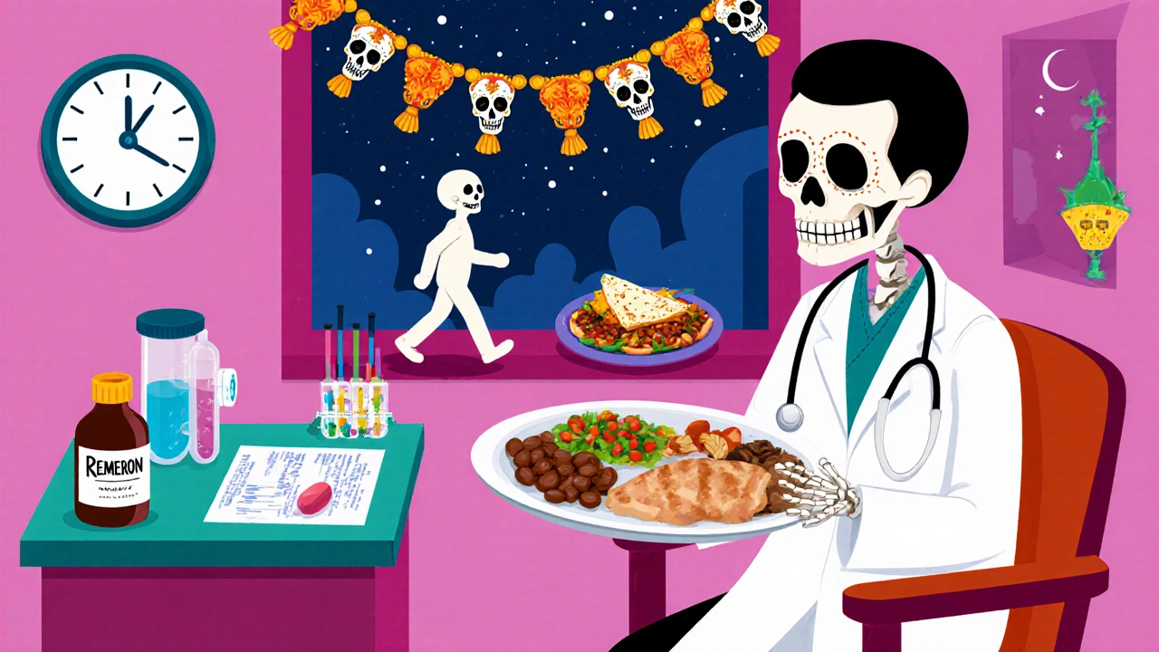 Doctor and patient discussing protein meals, exercise, and night dosing, with lab tubes and a supportive cancer patient in Day of the Dead style.