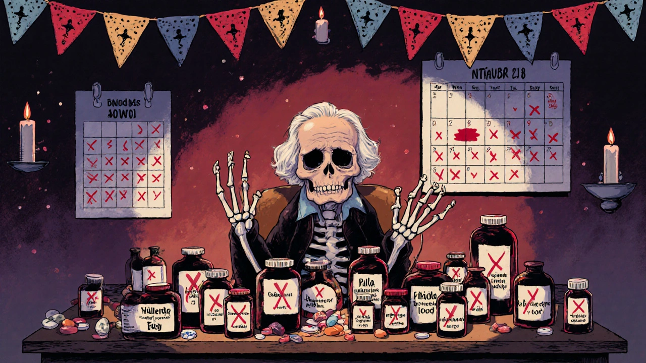 Elderly person surrounded by pill bottles, shadowy hands pulling pills into their body.
