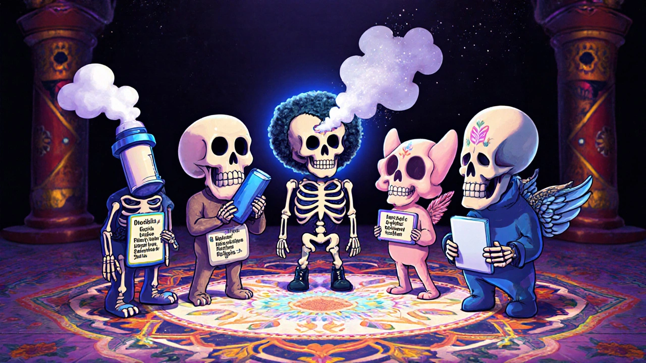 Five Day of the Dead styled inhaler characters comparing Tiova, Spiriva, Incruse, Anoro, and Stiolto.