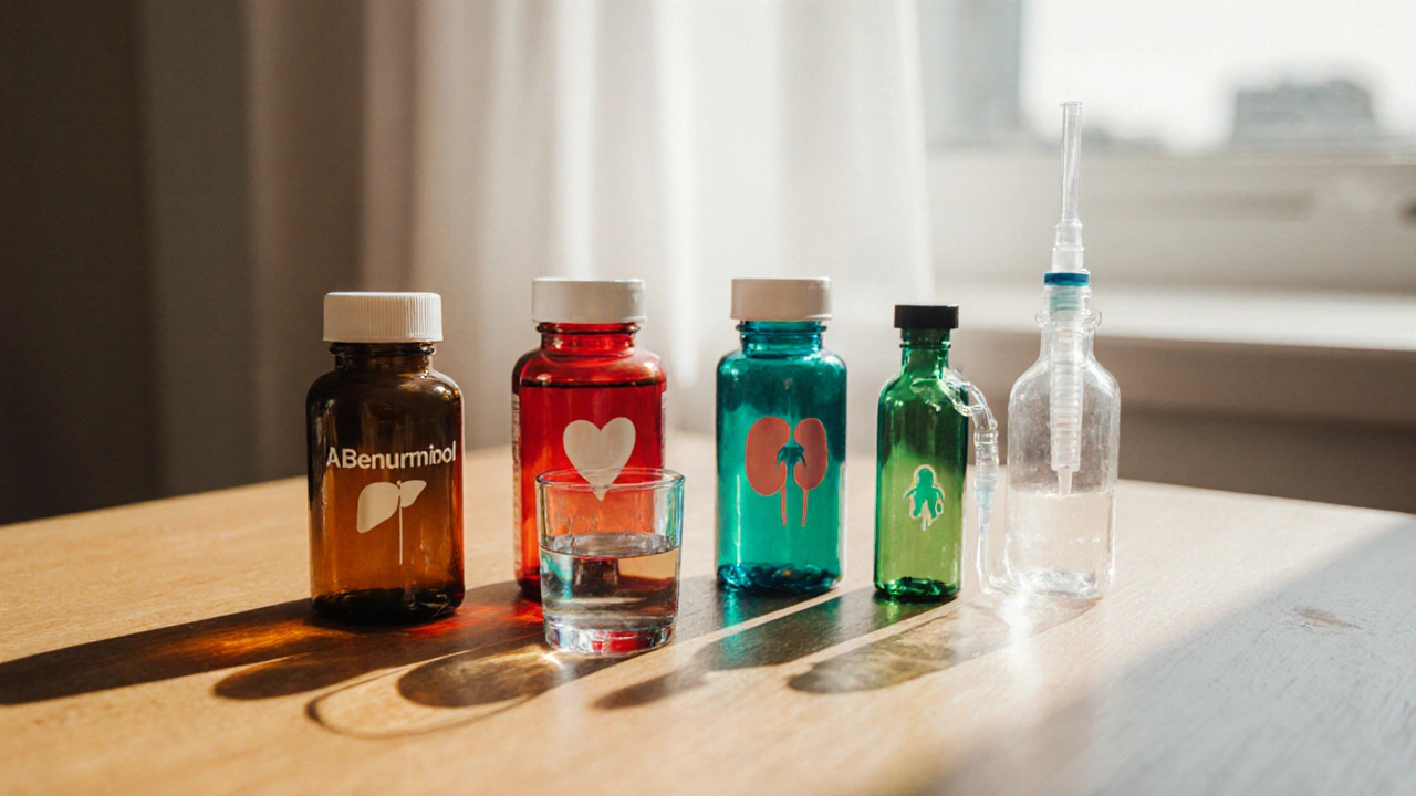 Flat‑lay of five medication bottles and an IV bag comparing gout drugs.
