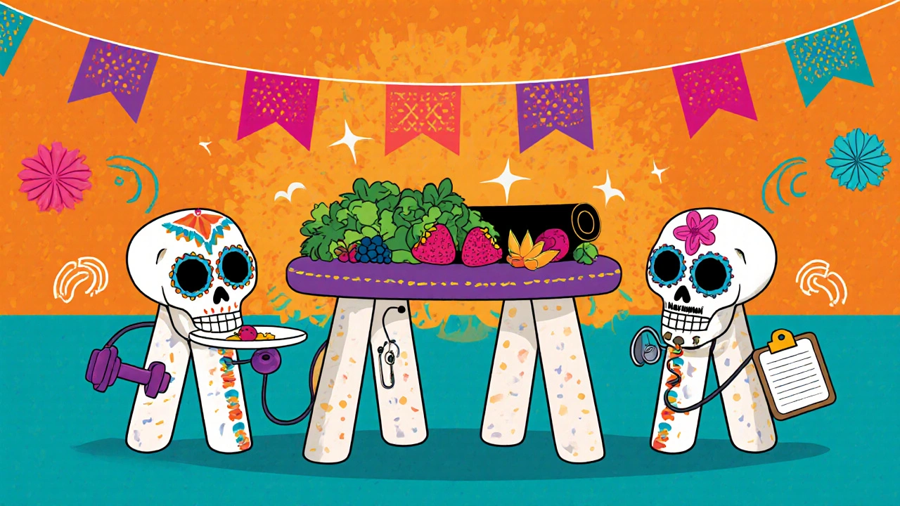 Four‑leg stool made of sugar skull icons representing nutrition, movement, mindfulness, and medical support.
