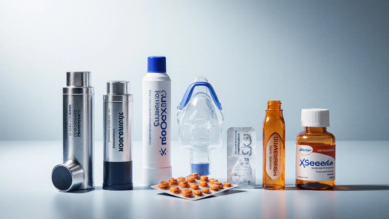 Grouped display of various inhalers, a tablet pack, and a nebulizer on a surface.