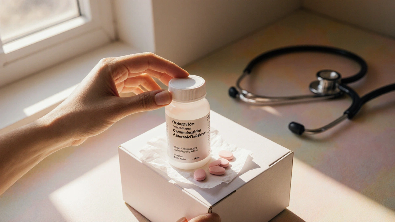 Hand opening a delivery box revealing generic azithromycin pills with soft sunlight.