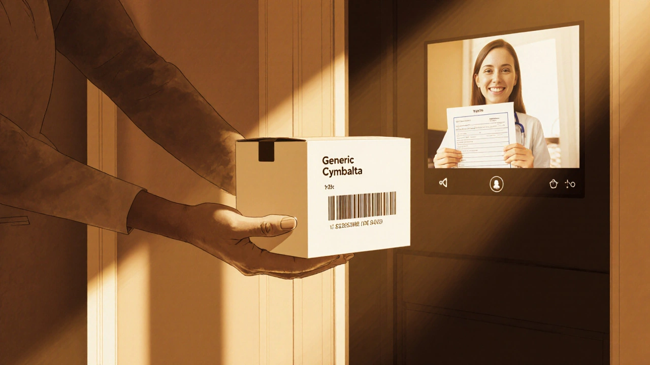 Hand receiving a discreet box labeled Generic Cymbalta with a telehealth video call in the background.