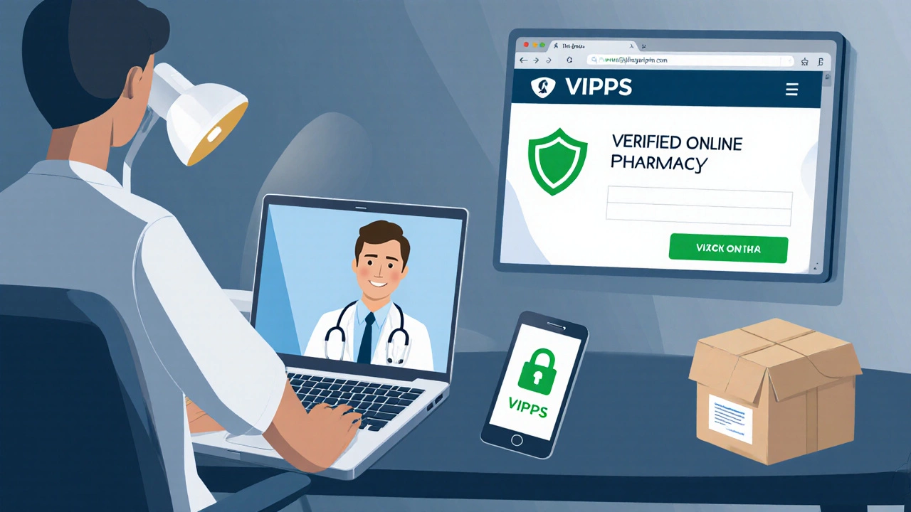 Home office showing telehealth video call and secure online pharmacy website on laptop.
