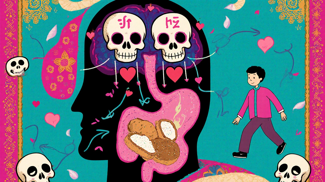 Illustrated brain receptors as skulls pointing to a stomach full of carbs, with a slow‑moving figure representing lower energy.