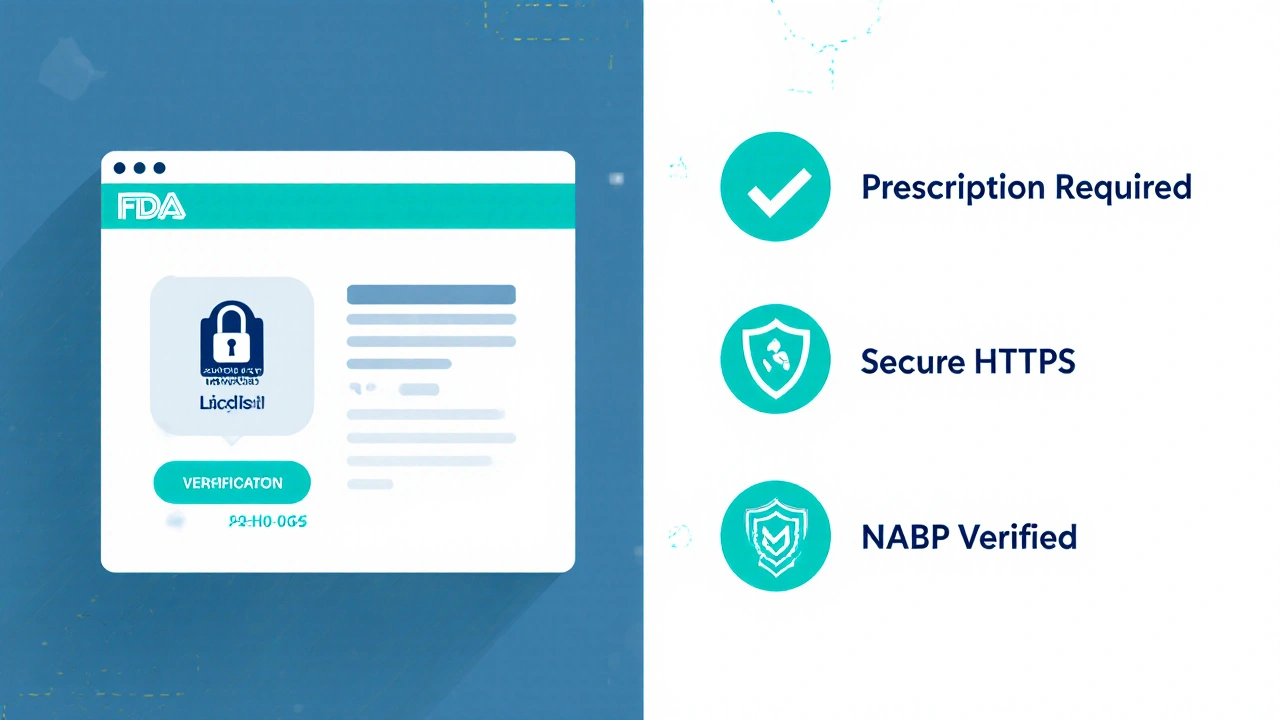 Illustrated verification checklist showing website security icons and licensing badges.