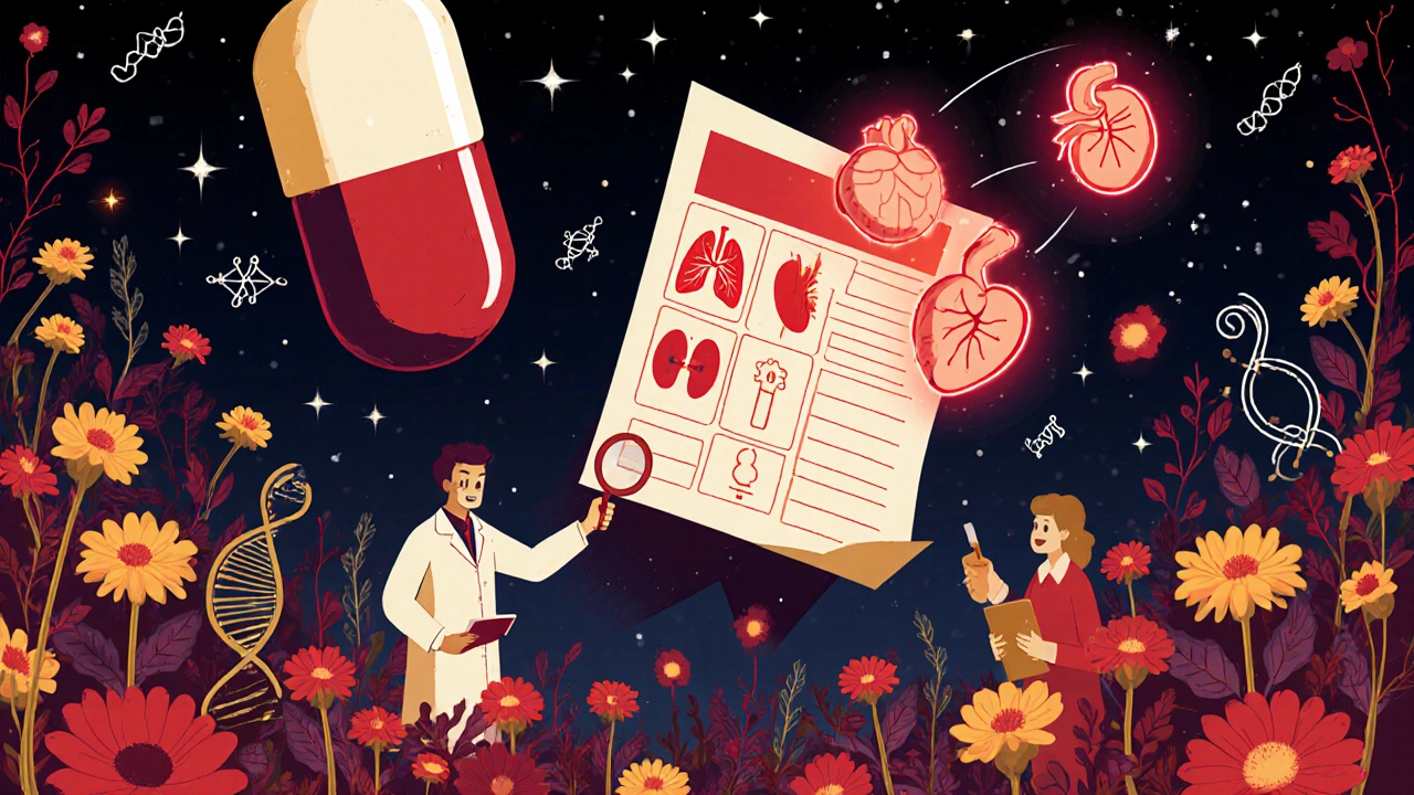Medical chart with warning symbols floating above a doctor and patient, surrounded by DNA and AI patterns.