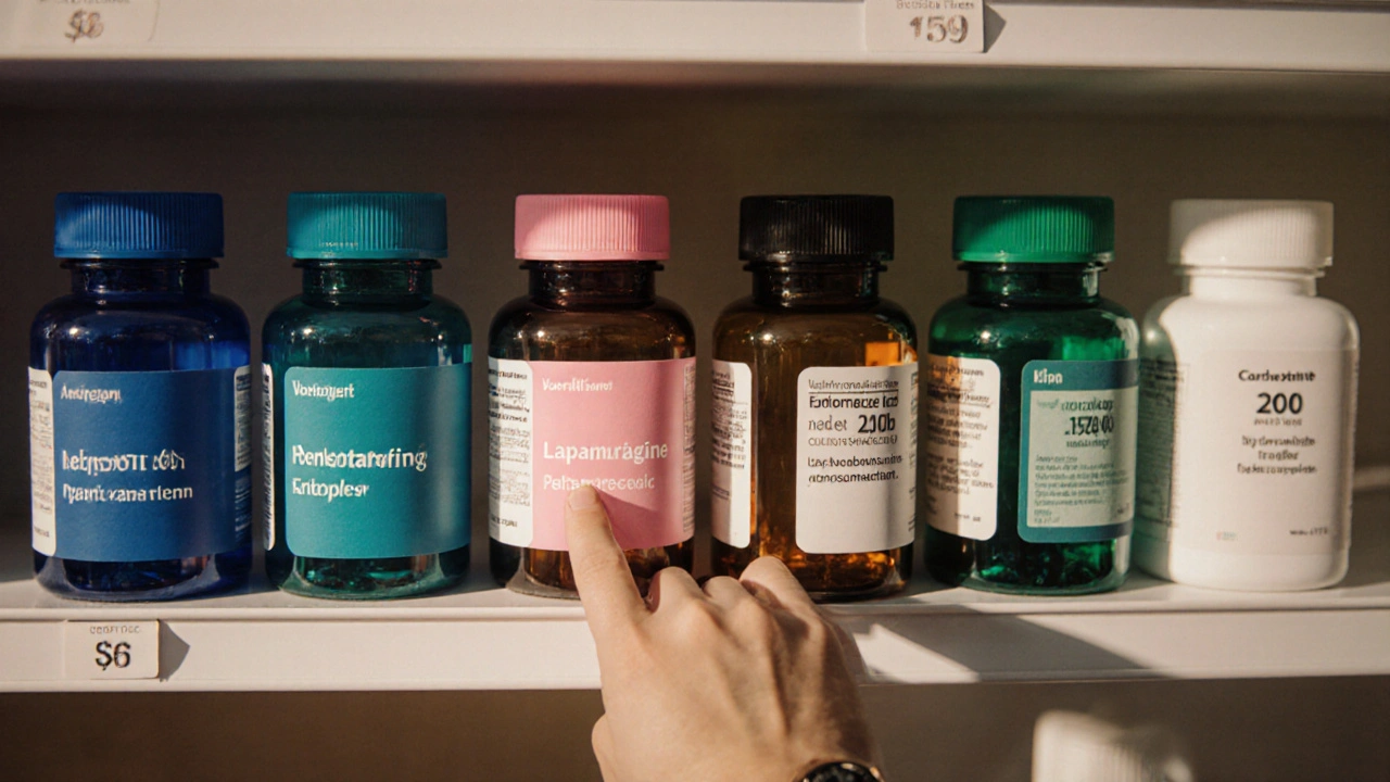 Overhead view of a pharmacy shelf with various colored anti‑seizure medication bottles.