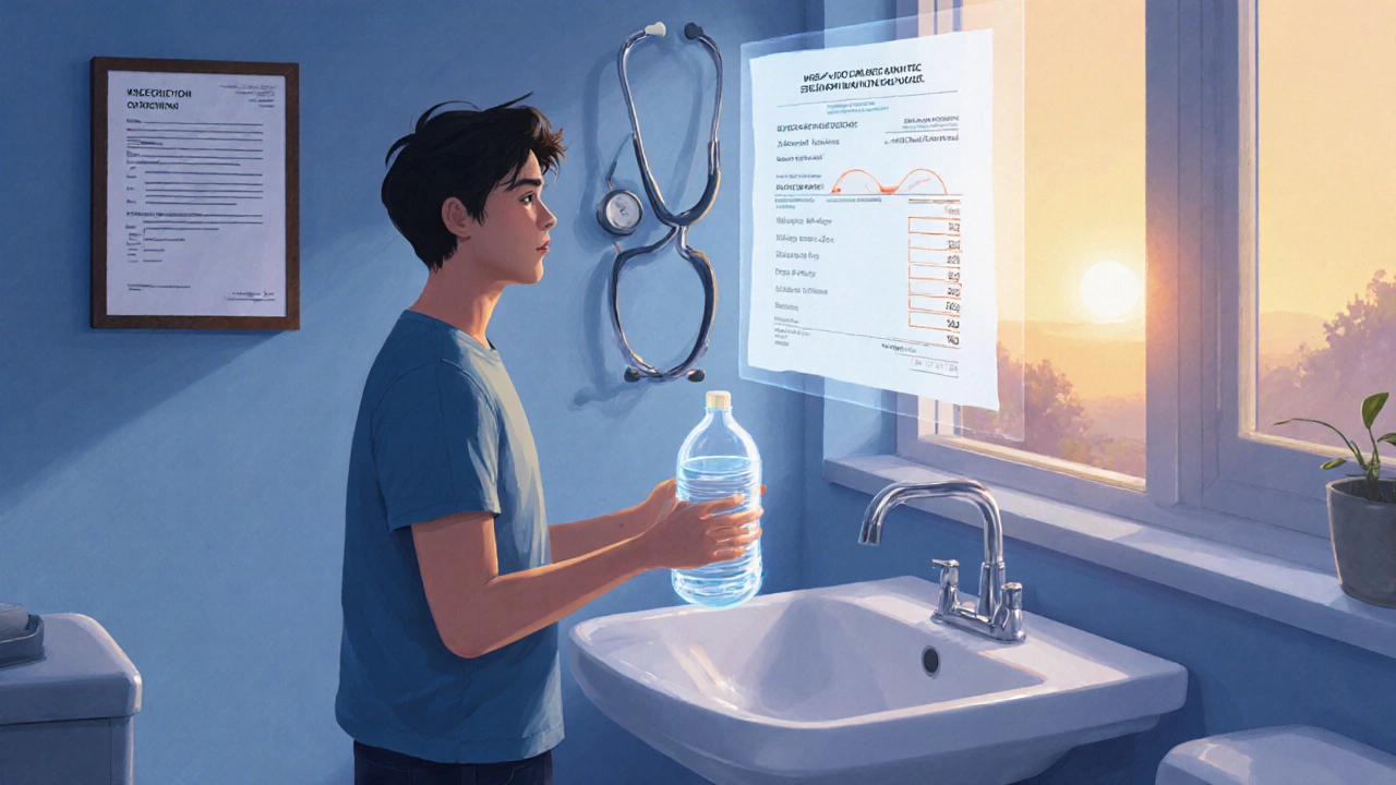 Patient drinking water with a faint lab result overlay in a calm bathroom.