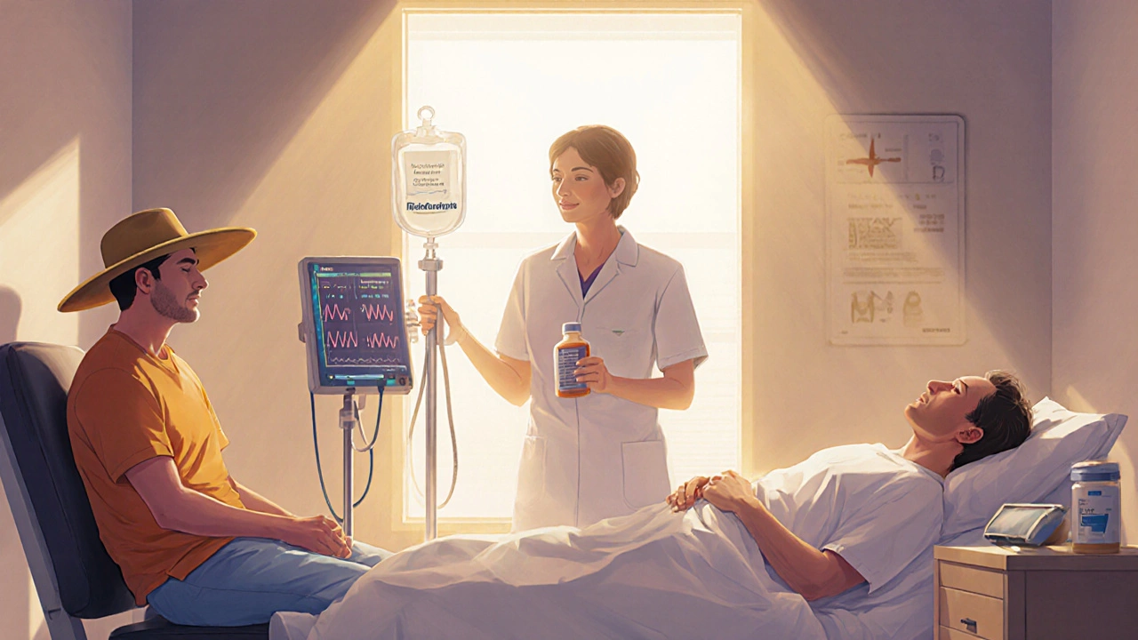 Patient with sun hat, cardiac monitor, and IV infusion illustrating drug safety side effects.