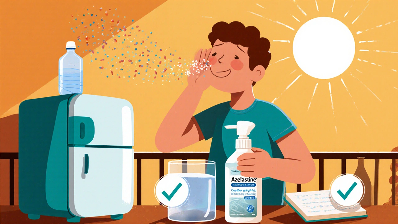 Person using a cooled spray bottle, drinking water, and tracking symptoms on a hot day.