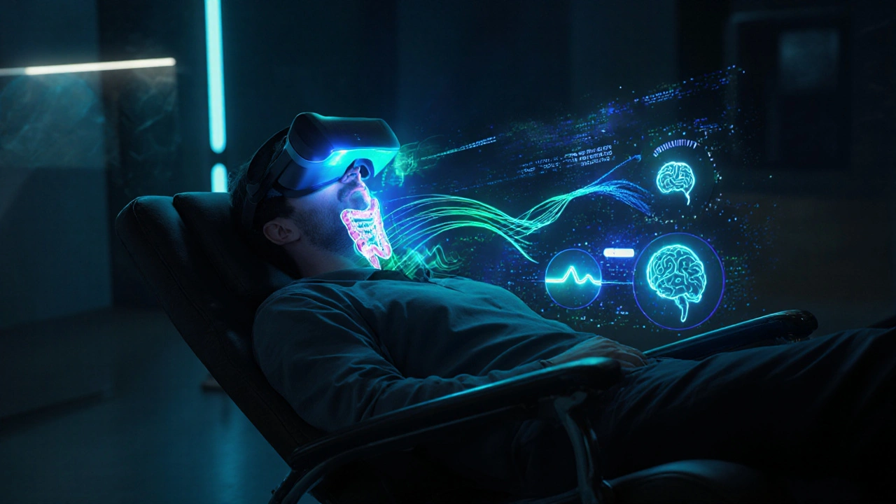 Person using a VR headset immersed in a glowing digital colon environment with holographic data.