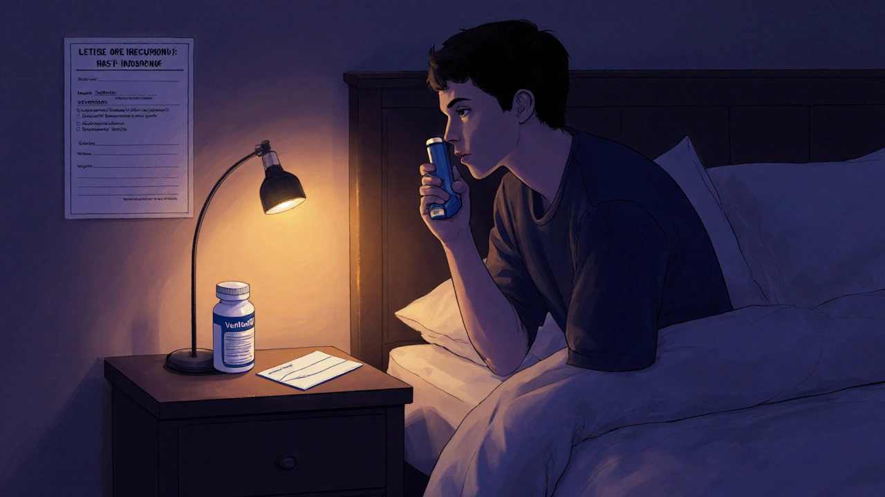 Person using an inhaler in a dim bedroom with a lamp and medication nearby.