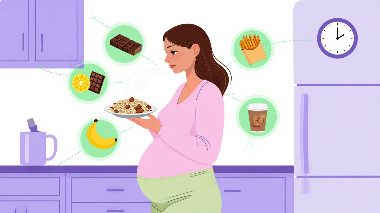 Pregnant woman choosing small meals while trigger foods are highlighted as avoided.