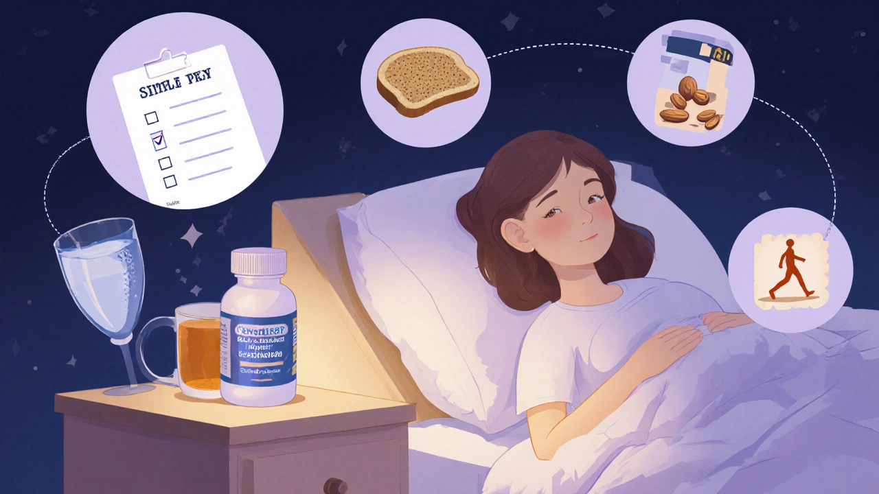 Pregnant woman resting on wedge pillow with antacid tablets, ginger tea and a nightly checklist.
