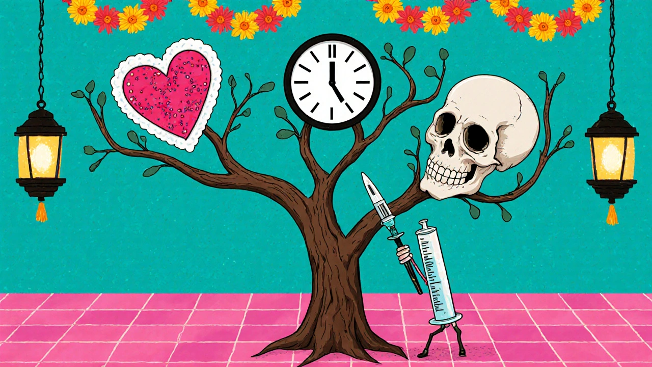 Skeleton guide pointing to different migraine treatment paths on a festive background.