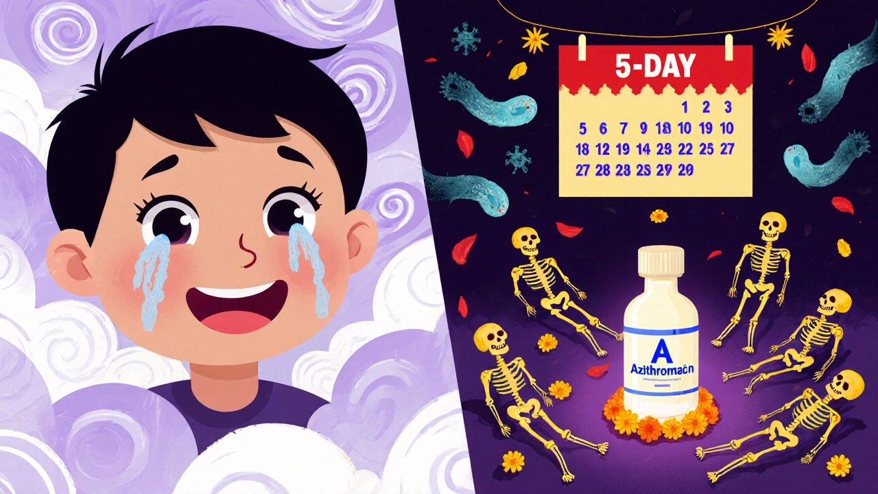 Split scene: a sick child on one side, healed on the other, with azithromycin as an altar offering and dead bacteria as skeletal figures.