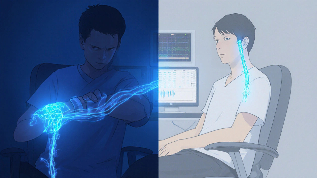 Split view of trial participants wearing real and sham wristbands with a vagus nerve illustration.
