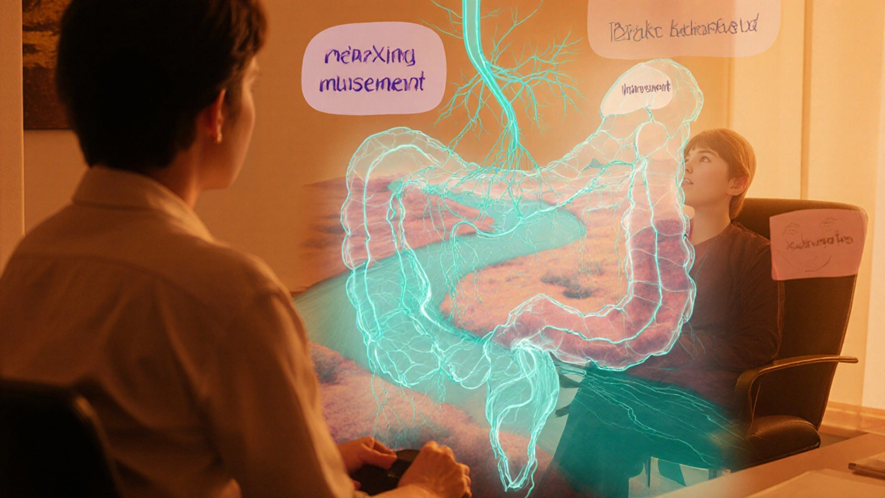 Therapist and patient with a translucent colon depicted as a flowing river and glowing brain‑gut connections.