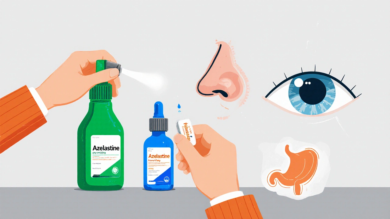 Three azelastine forms: nasal spray, eye drops, and tablets shown with hands applying each.