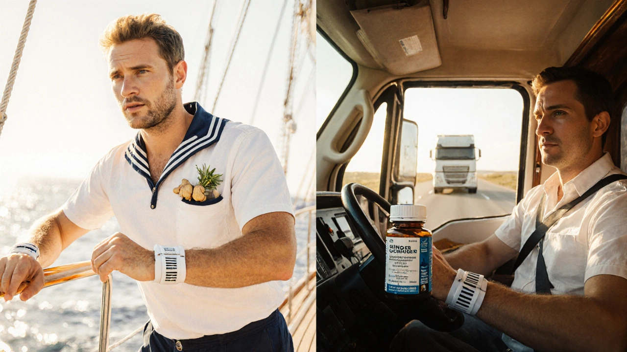 Traveler on a sailboat with bands and ginger, and a truck driver with bands and medication.