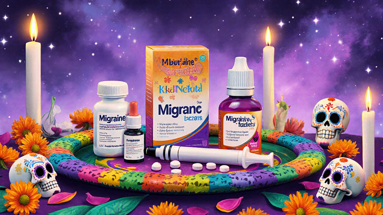 Various migraine medicines displayed as colorful offerings on a DĂa de los Muertos altar.