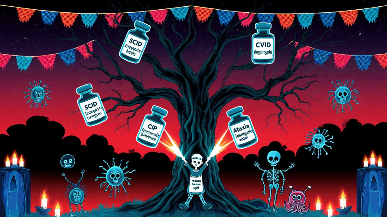 A bone family tree with immune disorders and vaccine light beams, pathogens as skeleton creatures in vibrant colors.