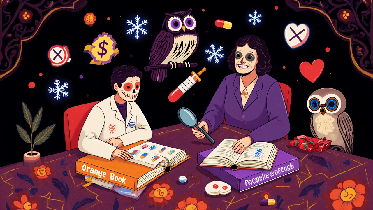 A doctor and patient review books labeled Orange and Purple Books, with symbolic icons floating around them, guided by a skeletal owl.