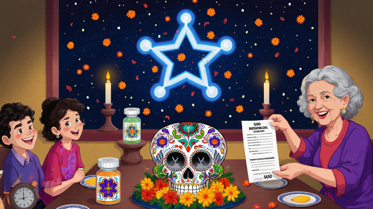 A family celebrates cost savings at a table with sugar skulls holding biosimilar vials, marigolds floating upward under a starry sky.