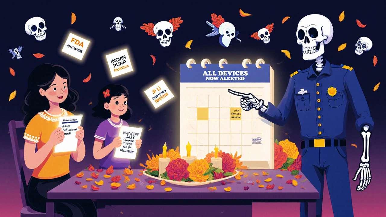 A family receives glowing FDA safety alerts with keywords above them, lit by candle-like icons in a vibrant Day of the Dead scene.