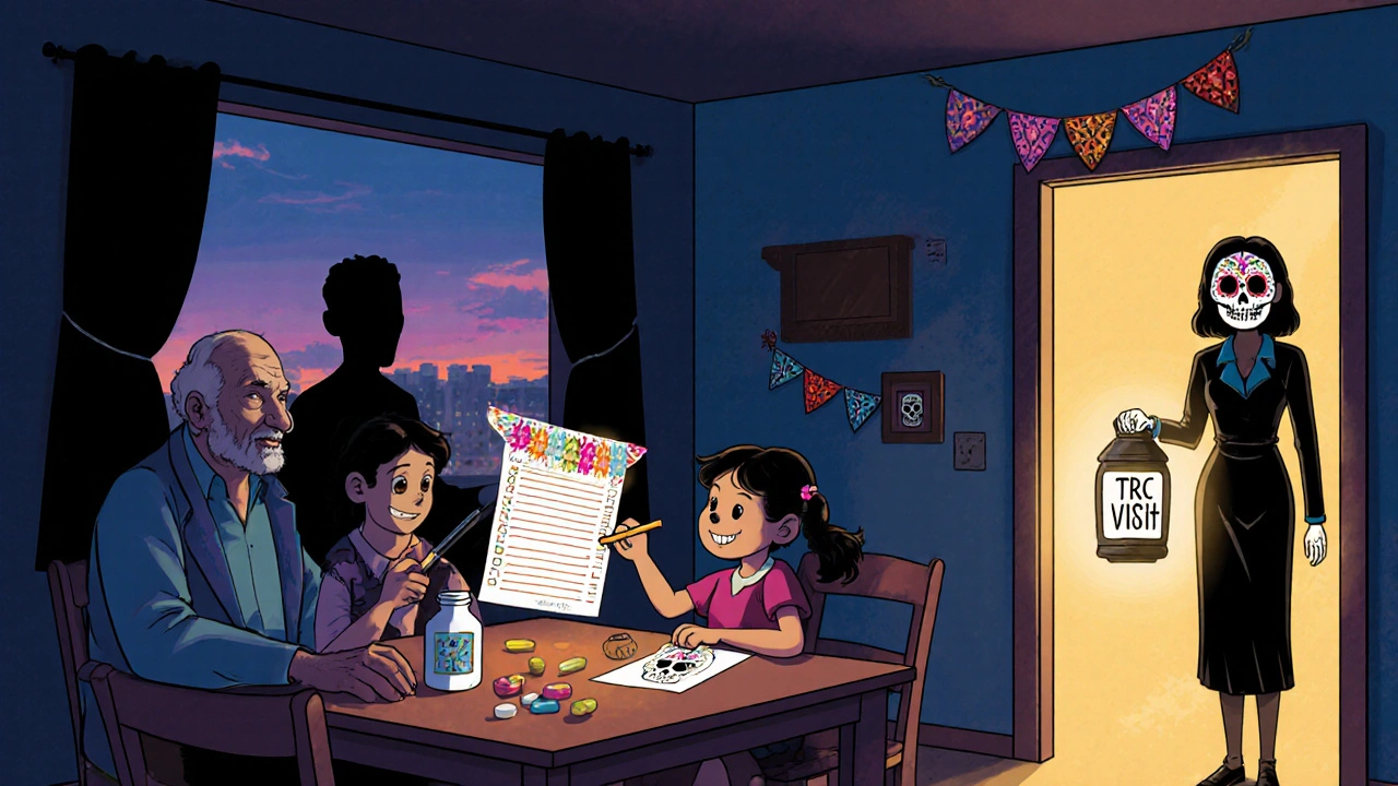 A family reviews a medication list that becomes a papel picado banner, with a pharmacist entering the scene.