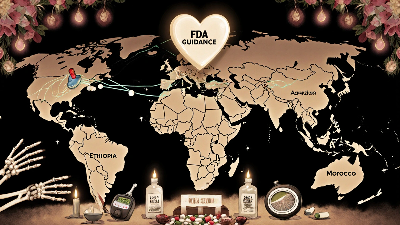 A global map shows pill access gaps, with skeletal hands reaching for medicine in underserved regions.