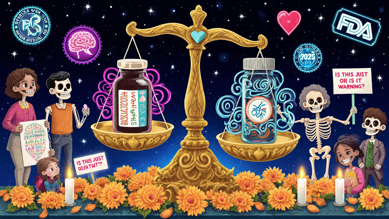 A grand Day of the Dead scale balancing OTC pills against prescription treatments, surrounded by skeletons and glowing marigold symbols.