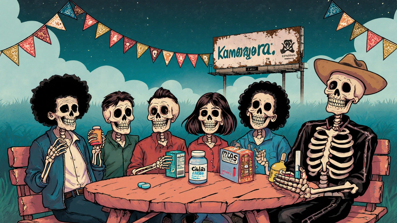 A group of cheerful skeletons enjoying a picnic with FDA-approved ED meds, while a fading fake pill billboard disappears behind them.